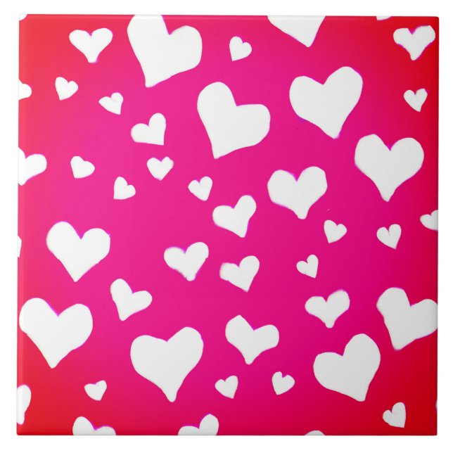 White Chalk Hearts on Fuchsia Pink Ceramic Tile (Front)