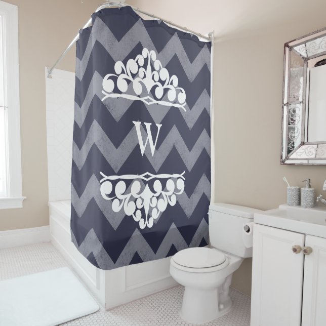 White Chalky Chevrons Chunky Swirls - Personalised Shower Curtain (In Situ)