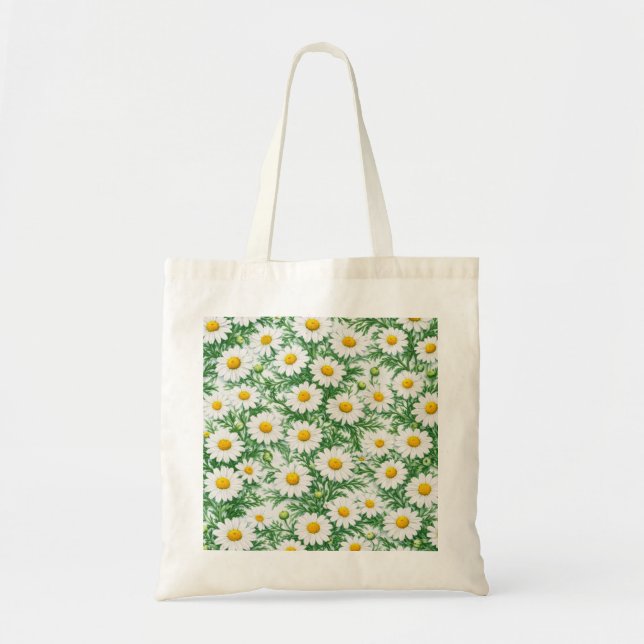 White Chamomile Daisy Floral Pattern Tote Bag (Front)
