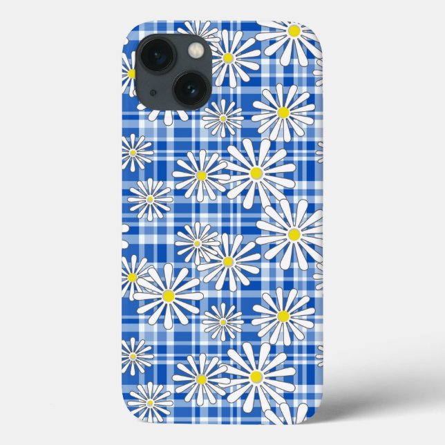 White chamomile flowers on a blue chequered backgr Case-Mate iPhone case (Back)