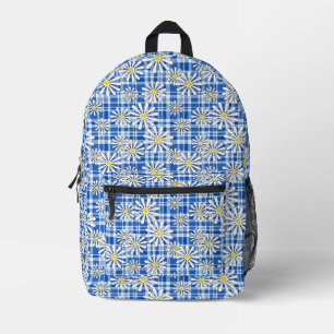 White chamomile flowers on a blue chequered backgr printed backpack