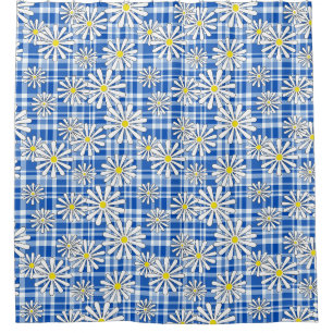 White chamomile flowers on a blue chequered backgr shower curtain