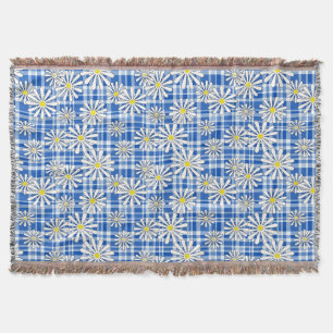 White chamomile flowers on a blue chequered backgr throw blanket