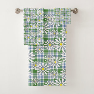 White chamomile flowers on a green blue checkered  bath towel set