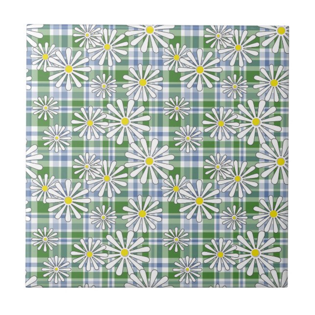 White chamomile flowers on a green blue chequered  ceramic tile (Front)