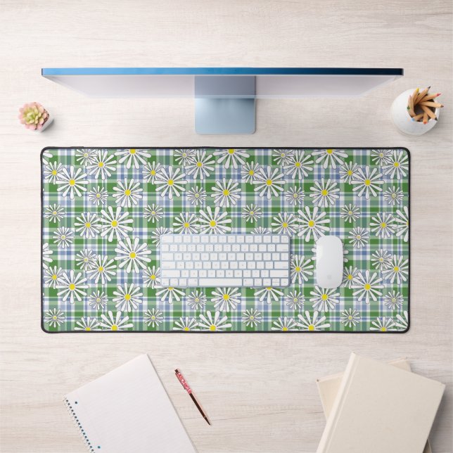 White chamomile flowers on a green blue chequered  desk mat (Office 1)