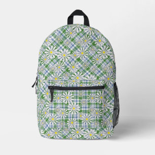 White chamomile flowers on a green blue chequered  printed backpack