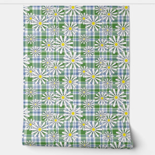 White chamomile flowers on a green blue chequered  wallpaper