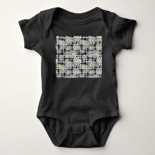 White chamomile flowers on black white chequered b baby bodysuit