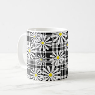 White chamomile flowers on black white chequered b coffee mug