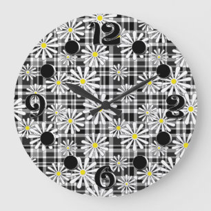 White chamomile flowers on black white chequered b large clock