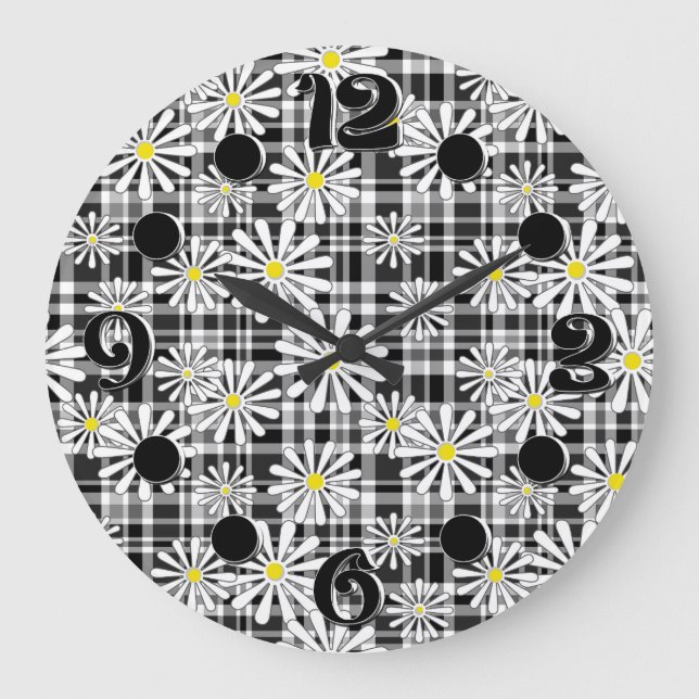 White chamomile flowers on black white chequered b large clock (Front)