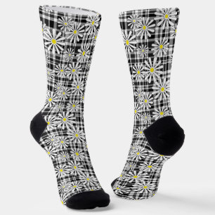 White chamomile flowers on black white chequered b socks