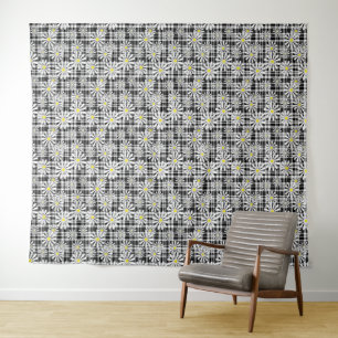 White chamomile flowers on black white chequered b tapestry
