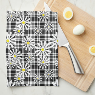 White chamomile flowers on black white chequered b tea towel