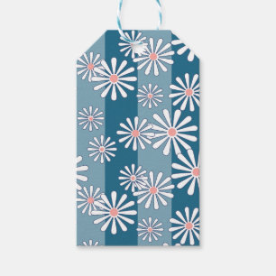 White chamomile flowers on striped blue background gift tags