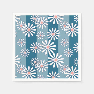 White chamomile flowers on striped blue background napkin