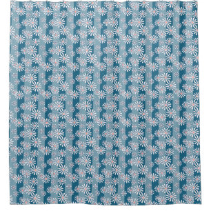 White chamomile flowers on striped blue background shower curtain