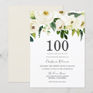 White Champagne Flowers 100th Birthday Party Invitation