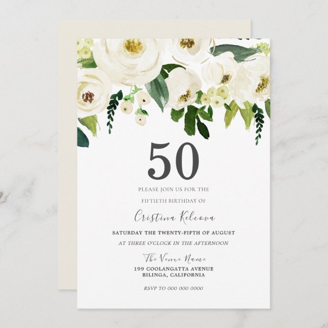 White Champagne Flowers 50th Birthday Party Invitation (Front/Back)