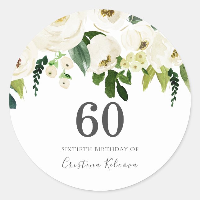 White Champagne Flowers 60th Birthday Party Classic Round Sticker (Front)