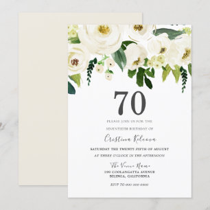 White Champagne Flowers 70th Birthday Party Invitation