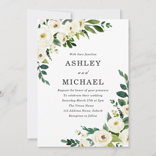 White Champagne Flowers Modern Elegant Wedding Invitation (Front)