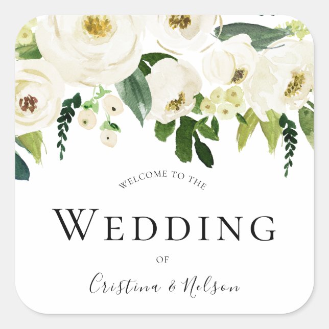 White Champagne Flowers Wedding Welcome Thank You Square Sticker (Front)