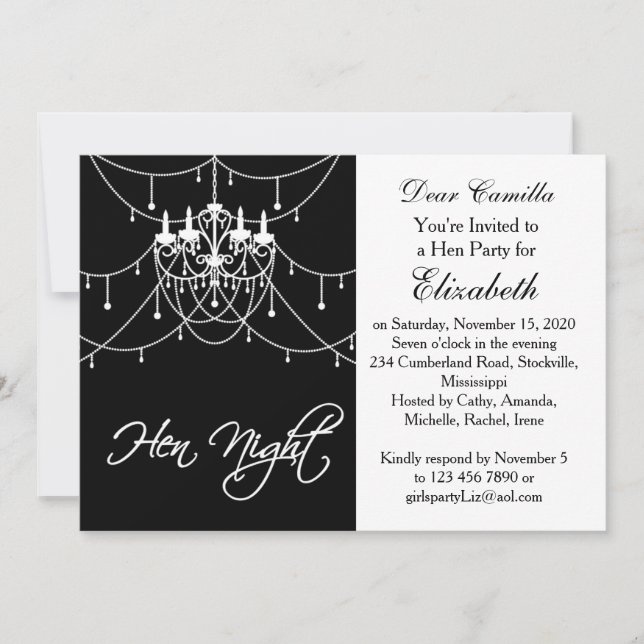 White chandelier on black Hen Night Party Invitation (Front)