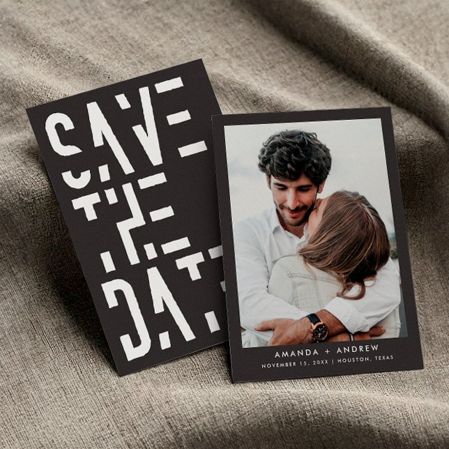 White Charcoal Grey 70s Retro Stripes Wedding Save The Date (Front / Back)