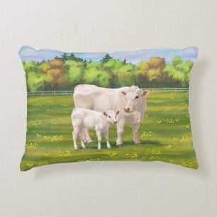 White Charolais Cow & Cute Calf Beef Cattle Decorative Cushion