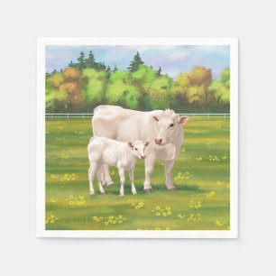 White Charolais Cow & Cute Calf Beef Cattle Napkin