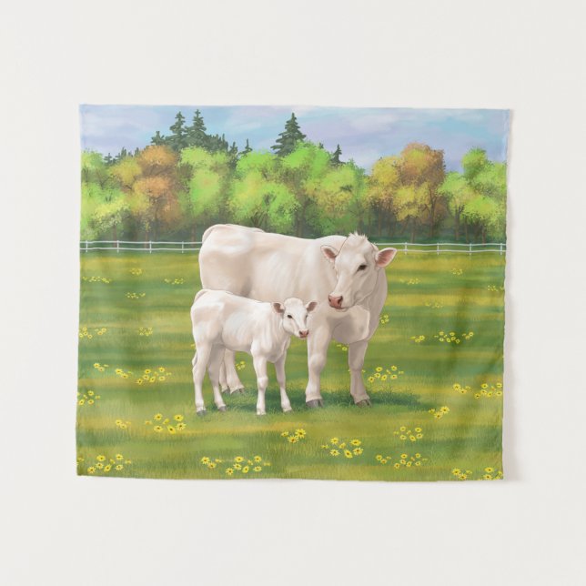 White Charolais Cow & Cute Calf Beef Cattle Tapestry (Front (Horizontal))