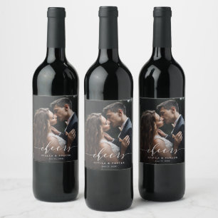 White Cheers Elegant Calligraphy Wedding Photo Wine Label