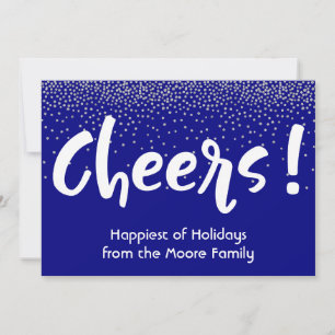 White Cheers Typography w/ Navy & Silver Confetti Holiday Card