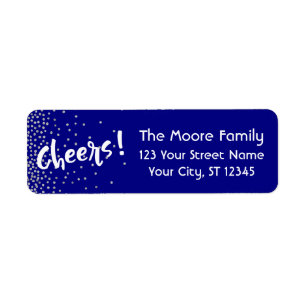 White "Cheers!" w/ Silver Confetti Over Navy Return Address Label