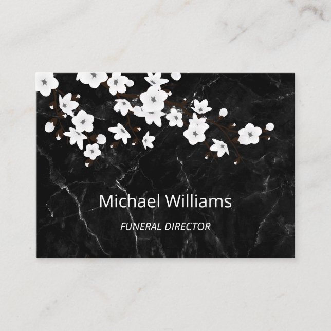 White Cherry Blossom Black Marble Undertaker Business Card (Front)