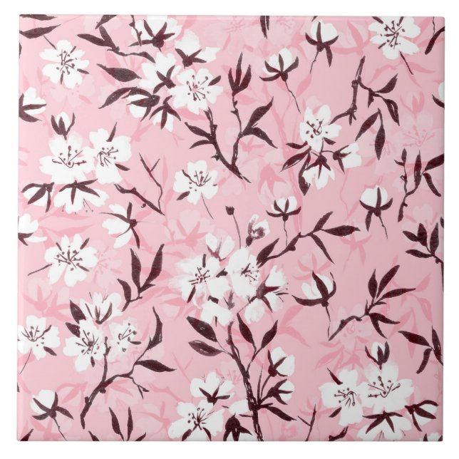 White cherry blossom ceramic tile (Front)
