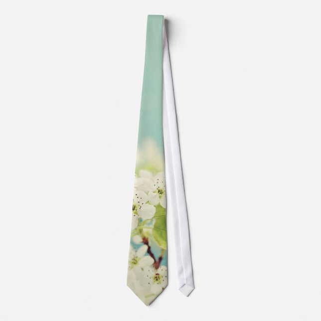 White Cherry Blossom Flower Floral Tree Mens Tie (Front)