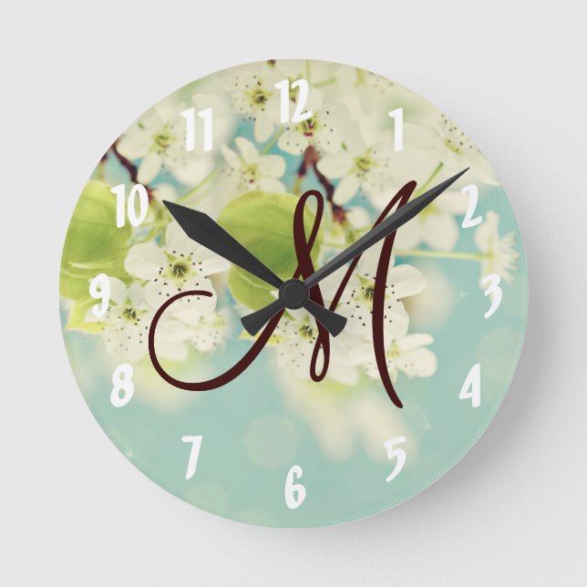 White Cherry Blossom Flower Floral Tree Wall Clock (Front)