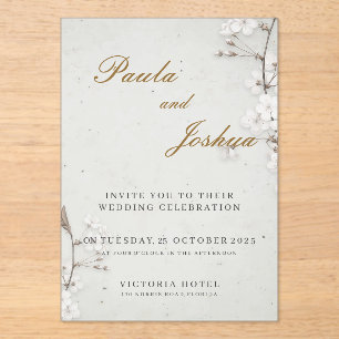 White Cherry Blossom & Gold Script Elegant Wedding Acrylic Invitations