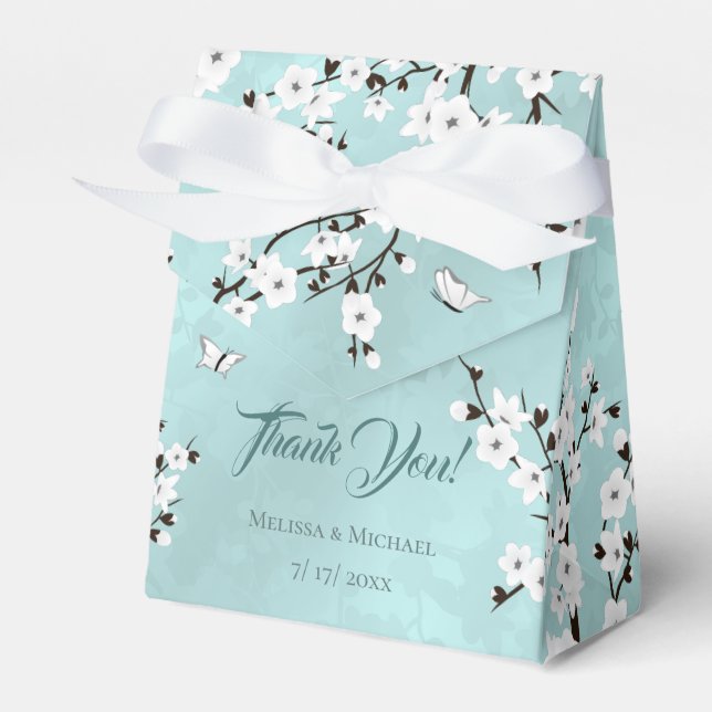 White Cherry Blossom Ice Blue | Thank You Wedding Favour Box (Front Side)