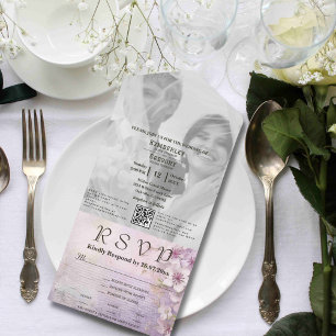 White Cherry Blossom Mauve Photo QR Code Website All In One Invitation
