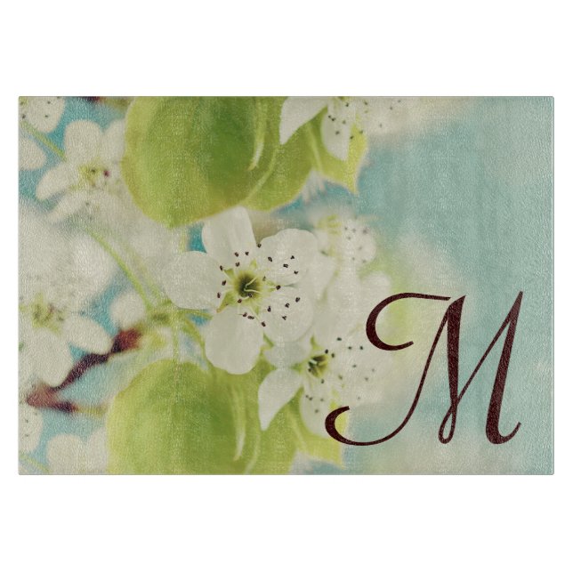 White Cherry Blossom Monogram Glass Cutting Board (Front)