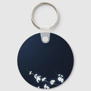 White Cherry Blossom Navy Background Key Ring