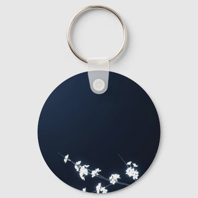 White Cherry Blossom Navy Background Key Ring (Front)