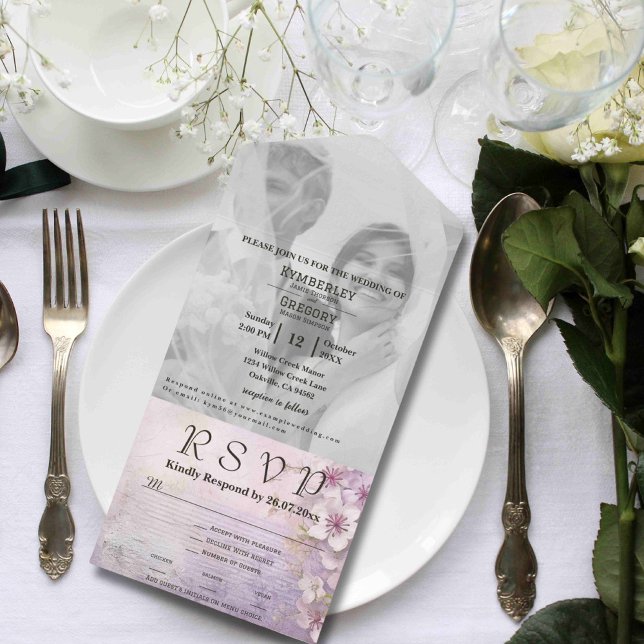 White Cherry Blossom on Mauve Purple Photo Website All In One Invitation (Creator Uploaded)