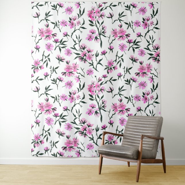White cherry blossom on white tapestry (In Situ)