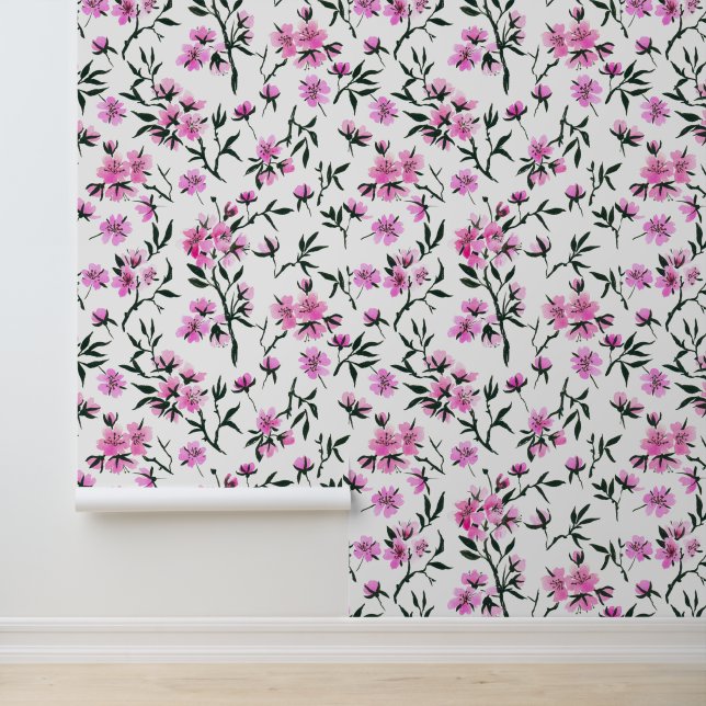 White cherry blossom on white wallpaper (Application)