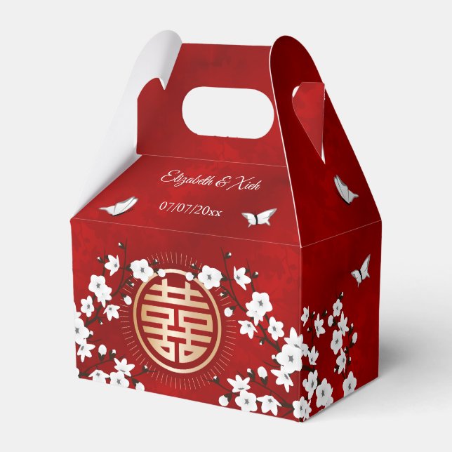 White Cherry Blossom Red  | Chinese Wedding Favour Box (Front Side)